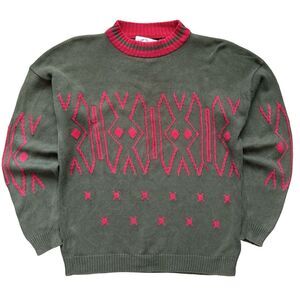 Vintage 80s Snowmass Abstract Retro Pullover Sweater Size M Olive Green Red